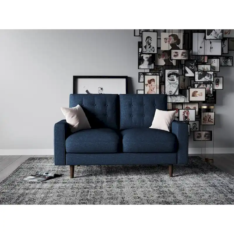Blue Velvet Mid-Century Loveseat with Wood Frame and Pillow Back – 2 Person