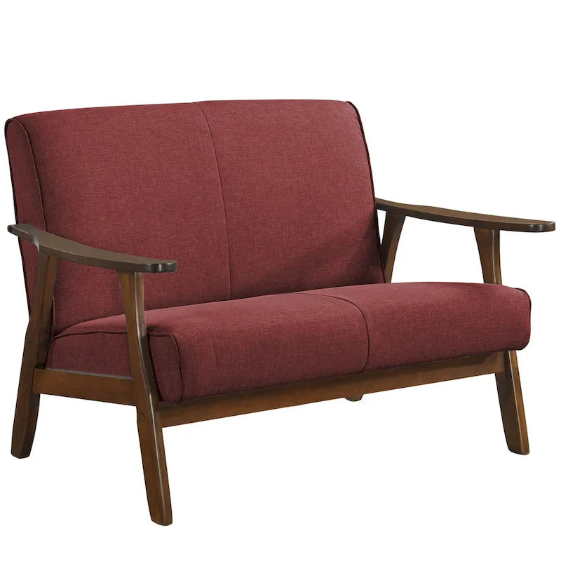 Mid-Century Modern Loveseat 2-Seater Sofa with Wooden Arms - Light Gray Linen Upholstery 46.69