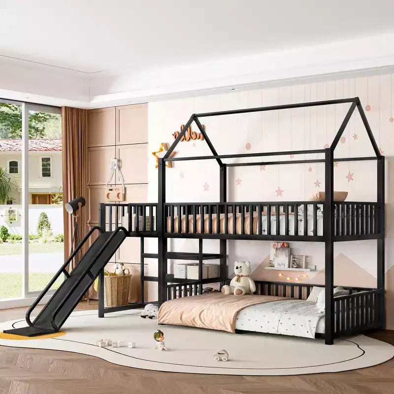 Twin/Full Metal House Bunk Bed with Storage Stairs, Slide & Safety Rails, Black - ModernLuxe