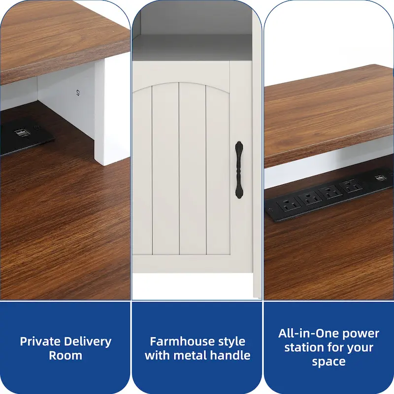 Moasis Farmhouse Wood Office Desk with Drawer and LED Strip & Power Outlets