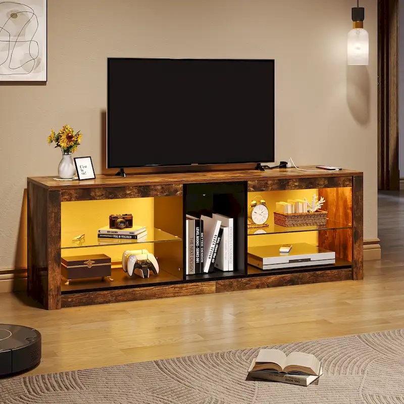 Rustic Brown RGB LED TV Stand with Glass Shelves, Fits TVs up to 60