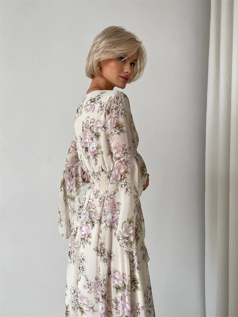 flowersverse Black White Yellow Pink Chiffon Floral Maxi Long Dresses V Neck Sexy Elegant Vintage Bandage Evening Party Dresses For Women