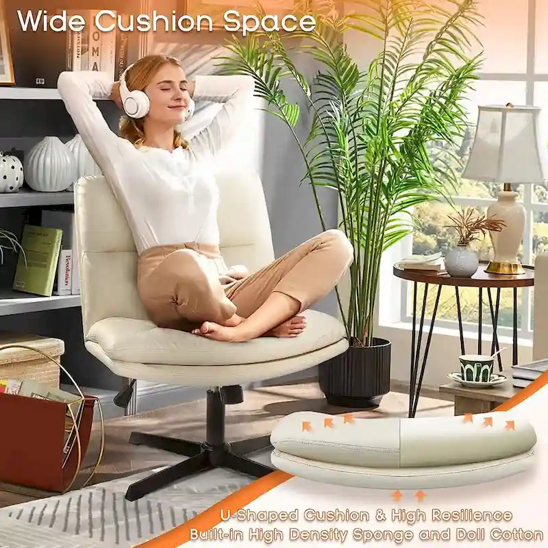 Criss Cross Chair Armless Office Desk Chair No Wheels,PU Leather Padded Modern Swivel Vanity Chair office chair