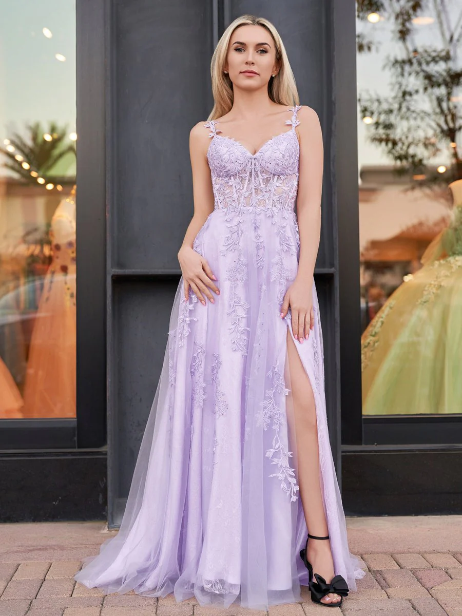 A-line V Neck Lace Tulle Prom Dress With Slit