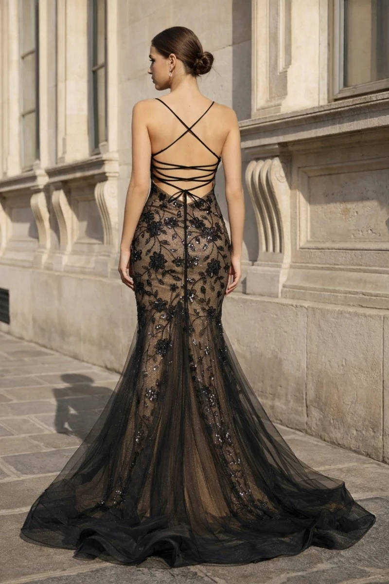 Black-Nude Mermaid V Neck Tulle Long Prom Dresses With Floral Sequins