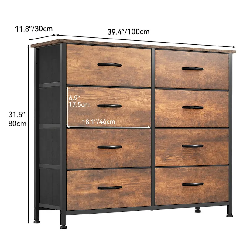 Moasis Rustic Wood-grain Badroom Dresser with Metal Frame, Wooden Top