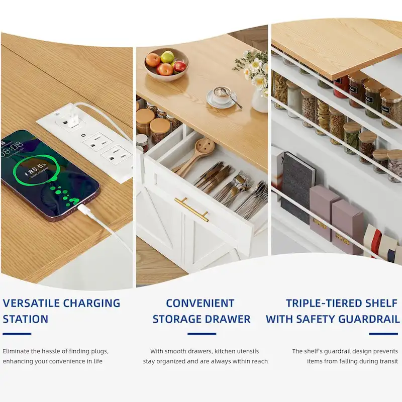 Moasis Kitchen Island Drop Leaf Double Tilt Out Trash Cabinet with Power Outlet & Wheels