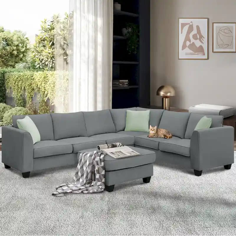 112*87  Sectional Sofa Couches Living Room Sets 7 Seats Modular Sectional Sofa with 3 Pillows, Grey