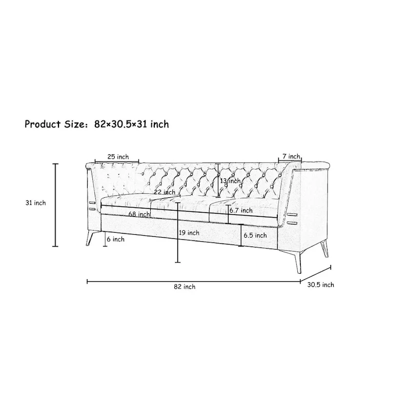 82.7 Velvet 3-Seater Sofa with Gold Metal Legs