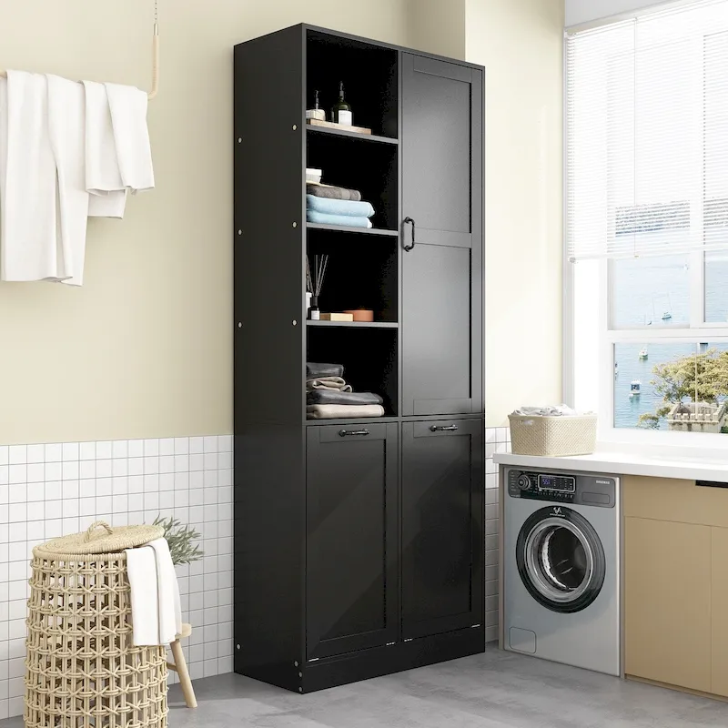 Sleek White Laundry Bathroom Cabinet with Unique Rotating Drawers