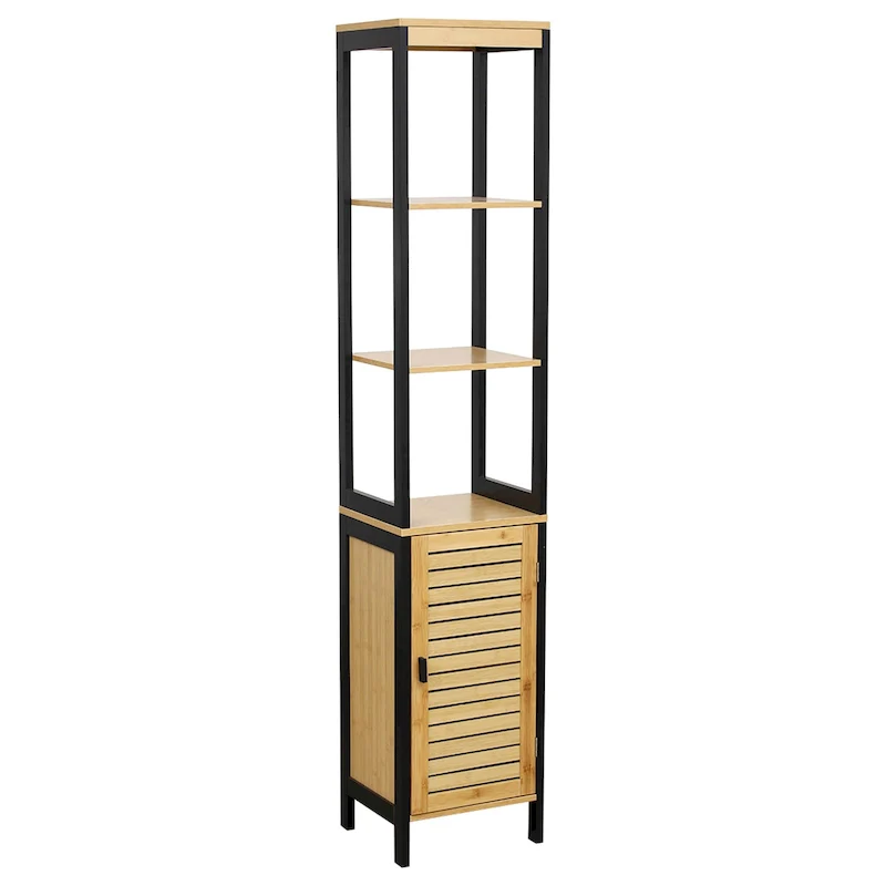 Natural Slim Storage Cabinet with Shelves, Modern Black Frame - 13.4 L x 12 W x 68 H