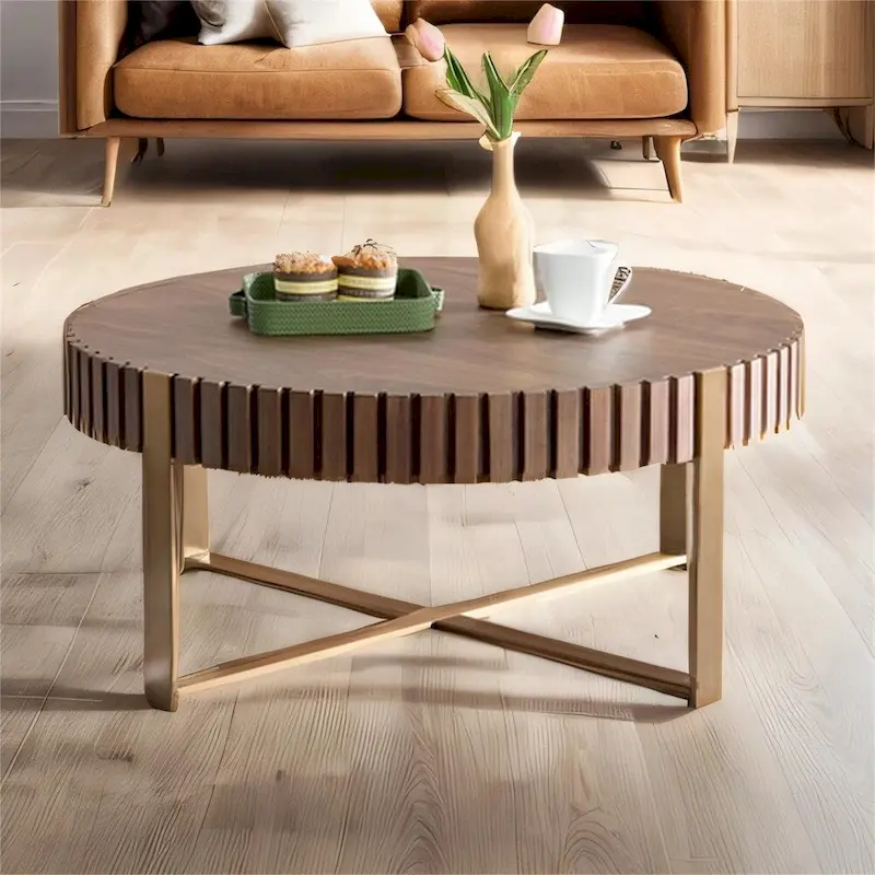 Modern 31.5 Round Coffee Table with Sturdy Metal Pedestal