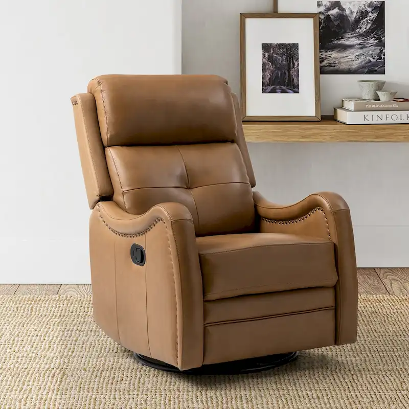 FrancoModern Genuine Leather Swivel Rocker Recliner with Nailhead Trims by HULALA HOME