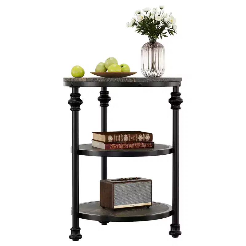 3-Tier End Table with Storage, Rustic Farmhouse Side Table with Metal Column Legs, Dark Oak Accent Table for Living Room Bedroom