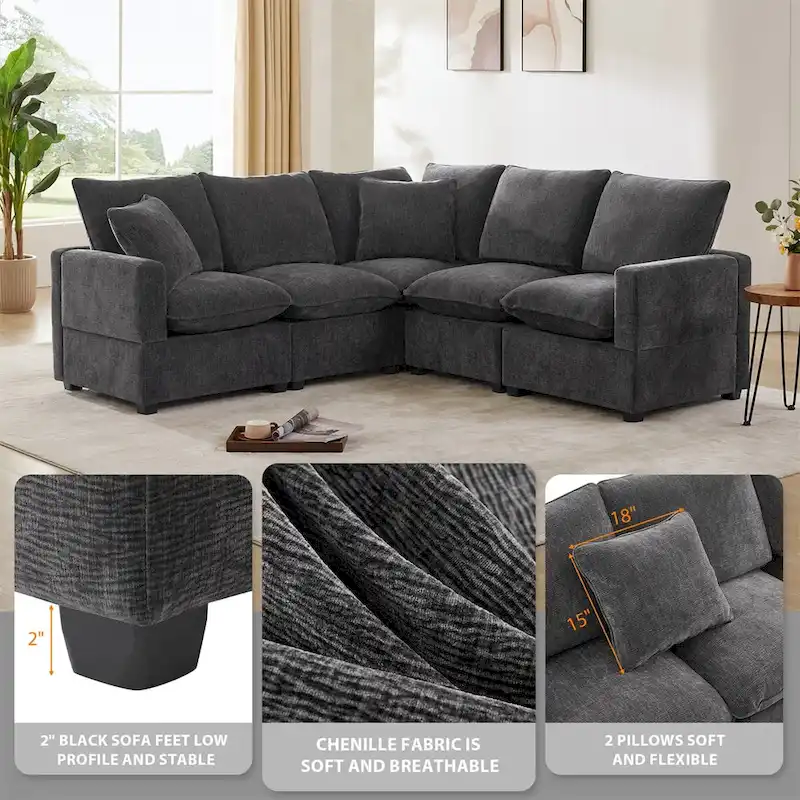 Modern L Shape Modular Sofa,Chenille Sectional Couch Set w/2 Pillows