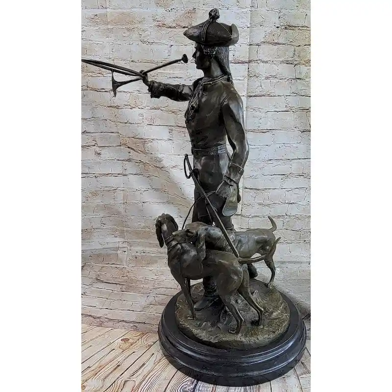 Military Bugler With Hound Imitative Dogs Bronze Statue Sculpture On Marble Base 26 Inches X 19 Inches