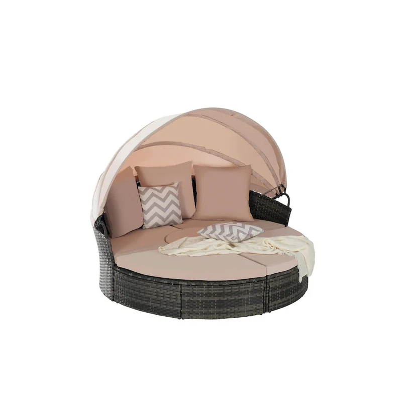 5-Piece Round Daybed Sunbed with Canopy & Removable Cushions