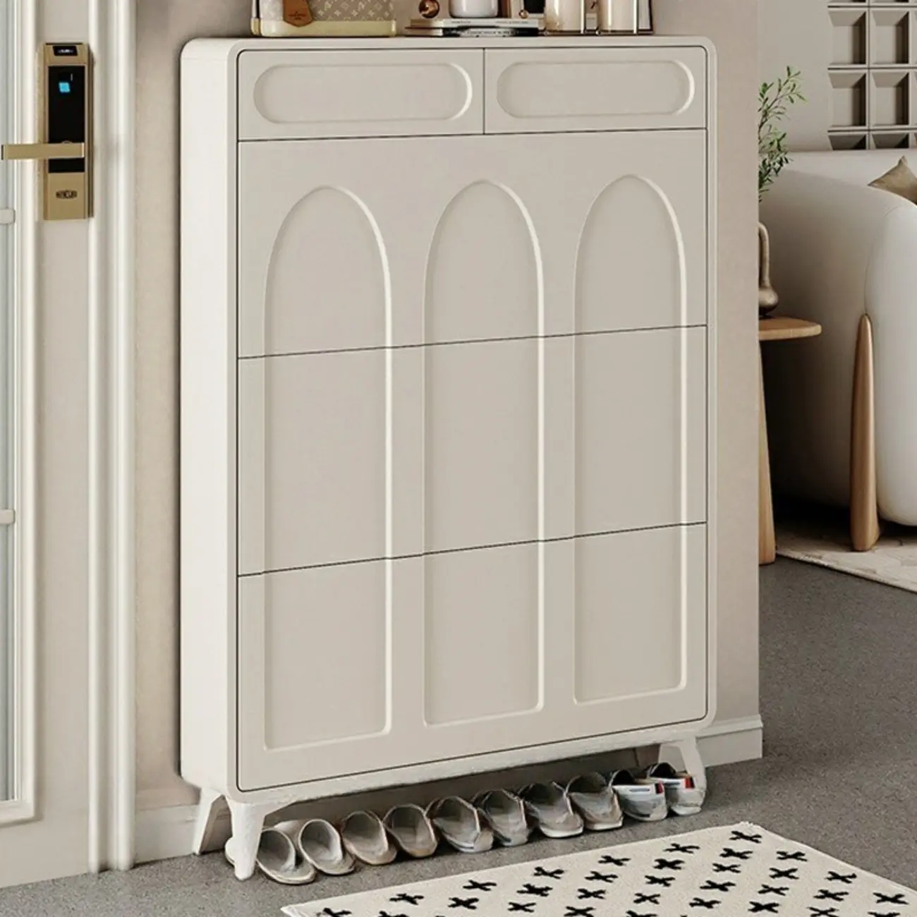 Vertical Slim White Wooden Drop Front Shoe Cabinet