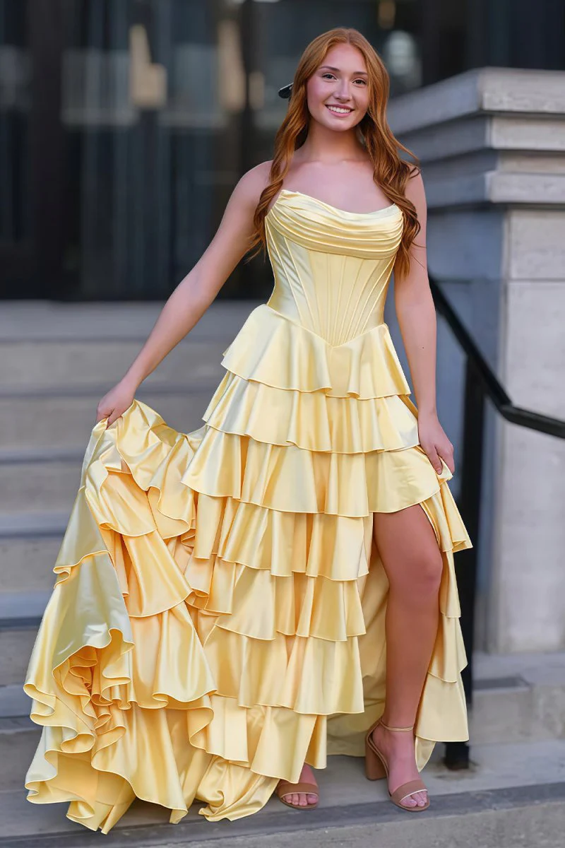 Yellow Strapless A Line Satin Ruffled Long Prom Dresses With Slit