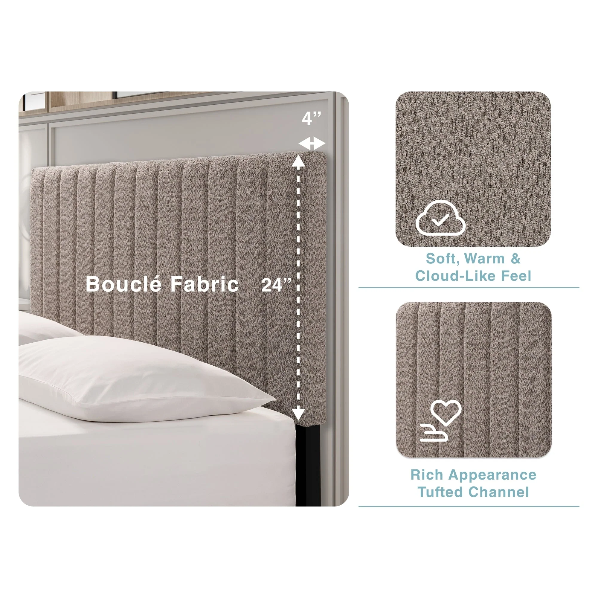 Tufted Boucle Upholstered Gray Queen Platform Bedframe