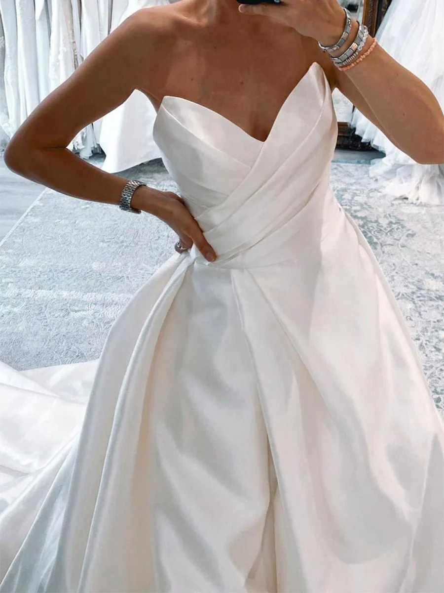 White Satin Long A-Line Wedding Dress with Slit