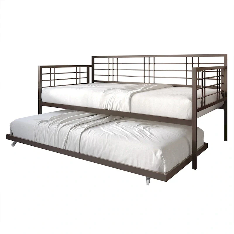 White/Brown/Black Metal Twin Daybed with Roll-Out Trundle, 1-Person