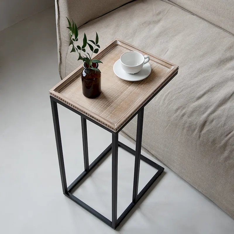 Distressed Wood C-Shaped End Table with Metal Base