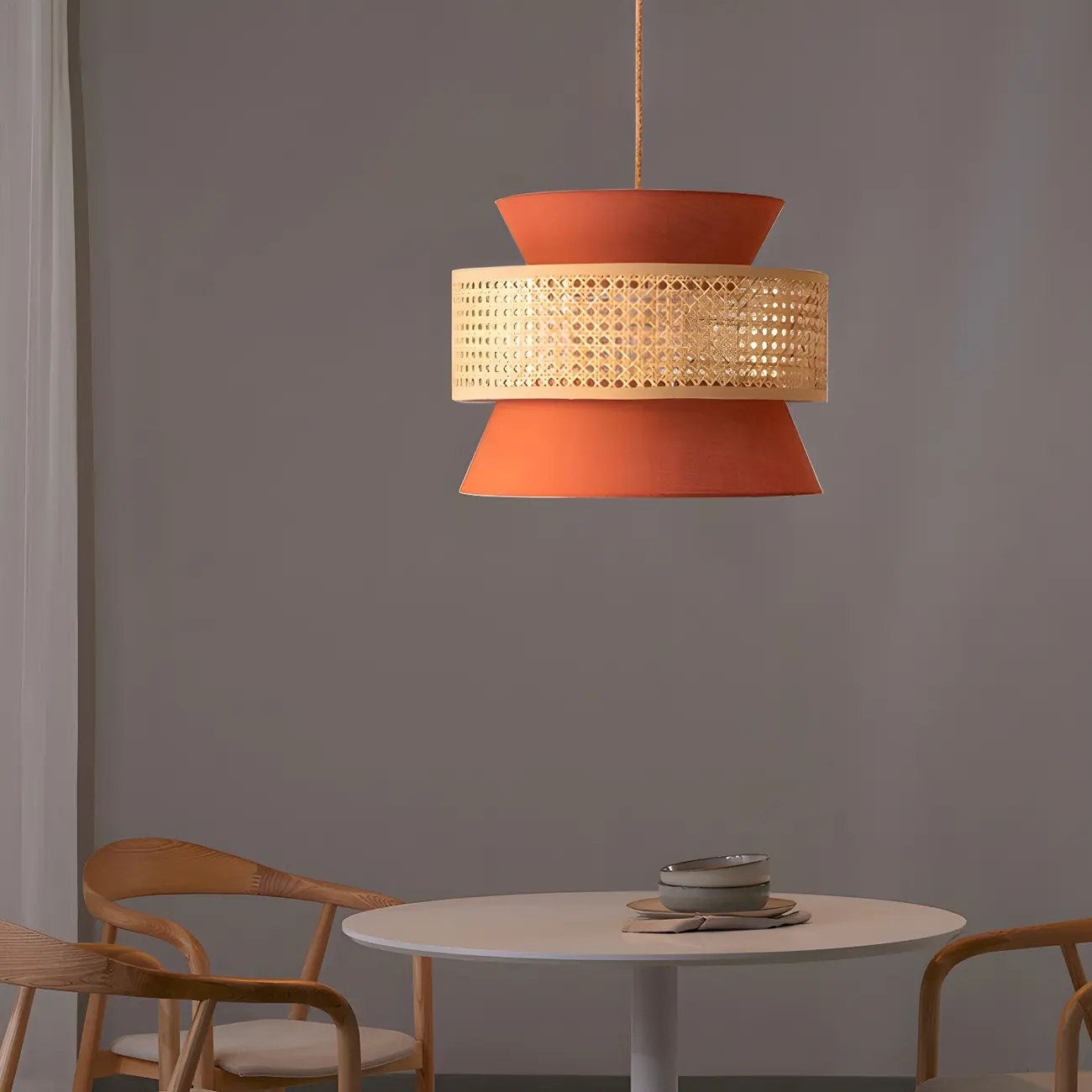 Boho Woven Modern Drum Cylinder Chandelier Adjustable Height