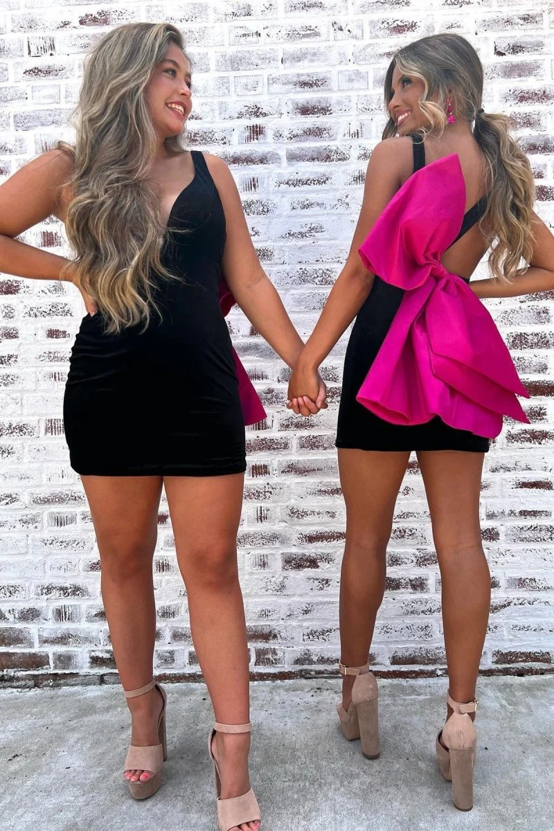 Black Plunge V Bow Back Bodycon Mini Party Dress