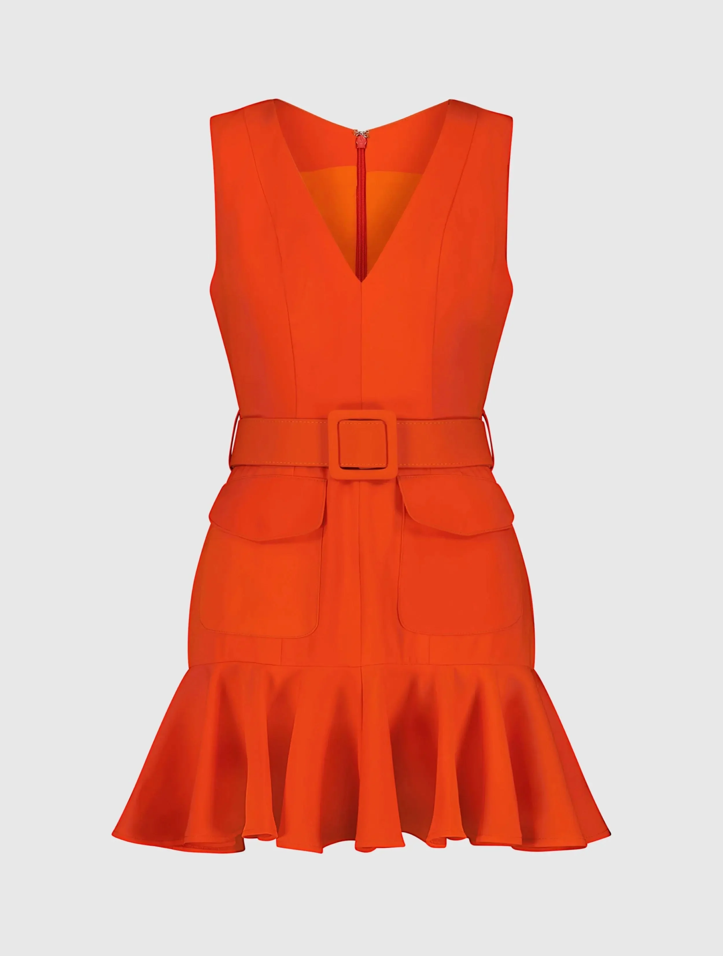 Orange Sleeveless Crepe Mini Dress With Belt And Front Pockets