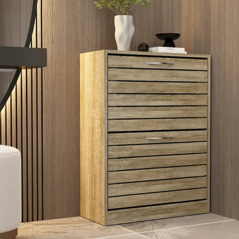 6-12 Pair Shoe Storage Cabinet Two Drawer Space Saving Grey/Oak