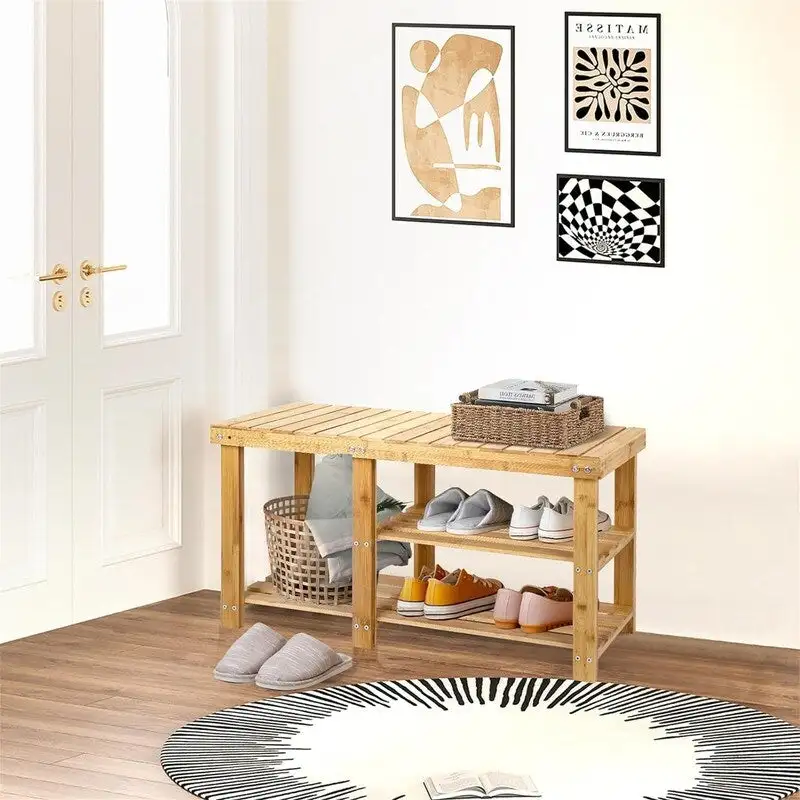 3-Tier Bamboo Shoe Rack Bench, Entryway Seat, 4 Wood Legs, Vintage Style, Brown / Natural / White / Black, 1-Person Use
