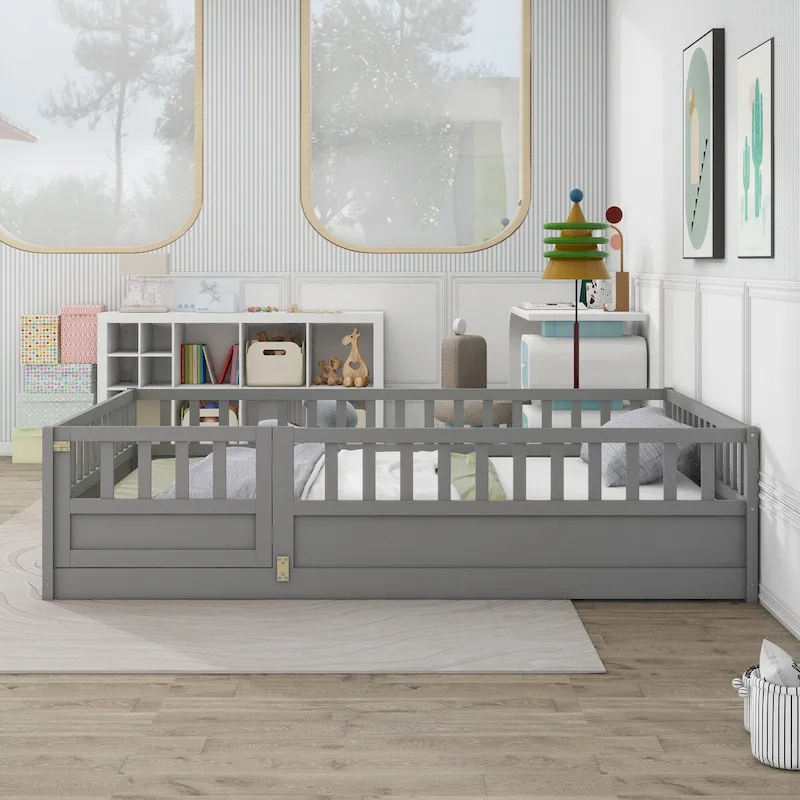 Grey/White Full Size Kids Floor Bed Frame with Safety Fence & Door, for 1 Child