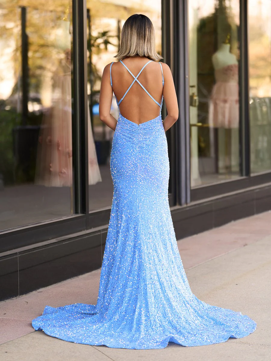 Sparkly Blue Mermaid Sequins Long Backless Prom Dress