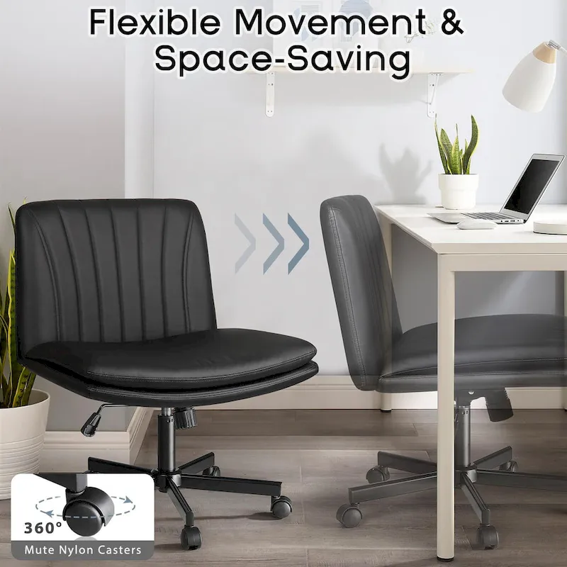 Cross Chair with Wheels,PU Leather Armless Cross Legged Office chair, Adjustable Wide Seat Task Vanity Chair