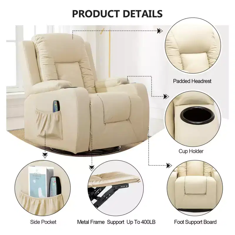 COMHOMA Recliner Chair PU Leather Rocking Sofa with Heated Massage Cream White