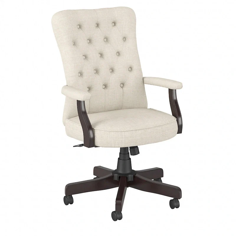 High Back Tufted Office Chair with Arms - Espresso Wood Base