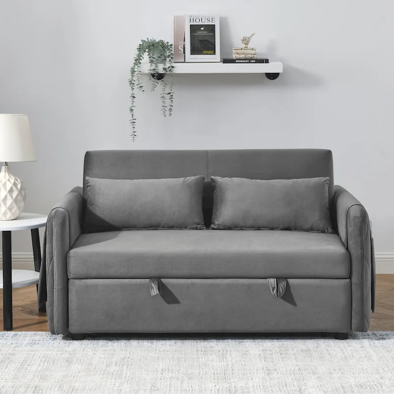 Grey/Blue/Black Convertible Velvet Sofa Bed for 2