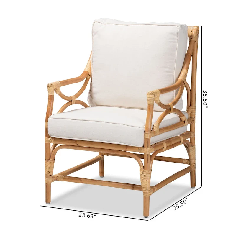 White and Natural Rattan Armchair with Cushion