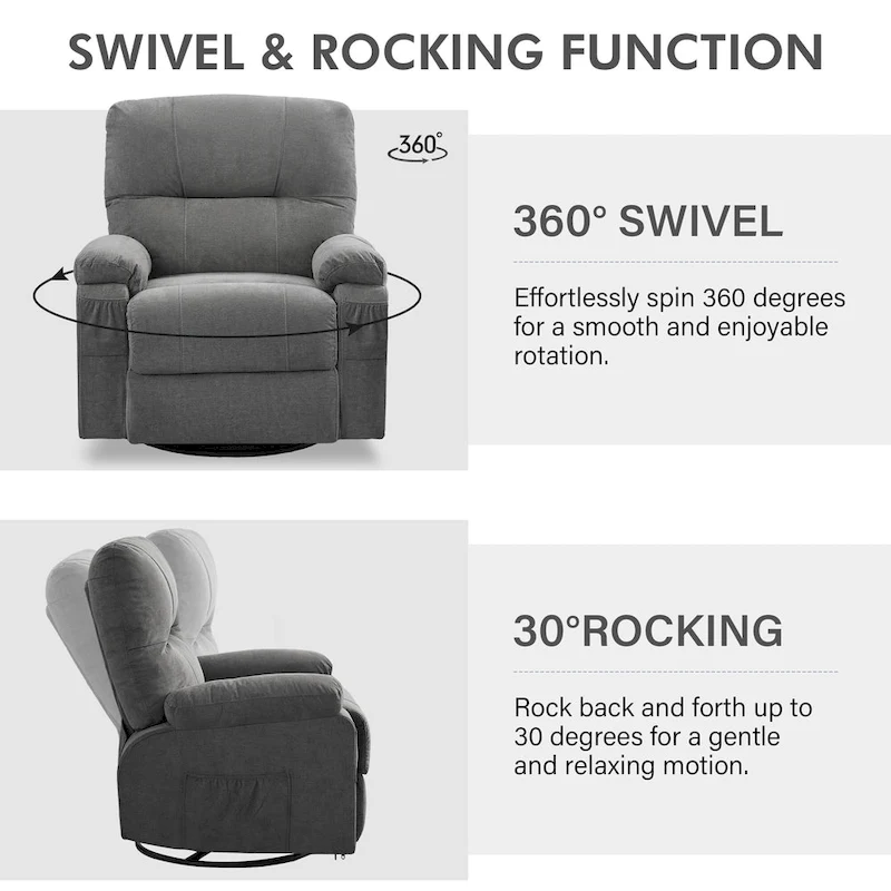 360 Swivel Manual Recliner Single Sofa Chair Fabric Lounge Chair with Pull Out Footrest and Side Pockets