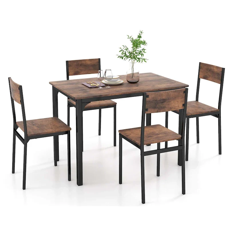 5-Piece Industrial Dining Table Set for 4, Rustic Brown / Grey