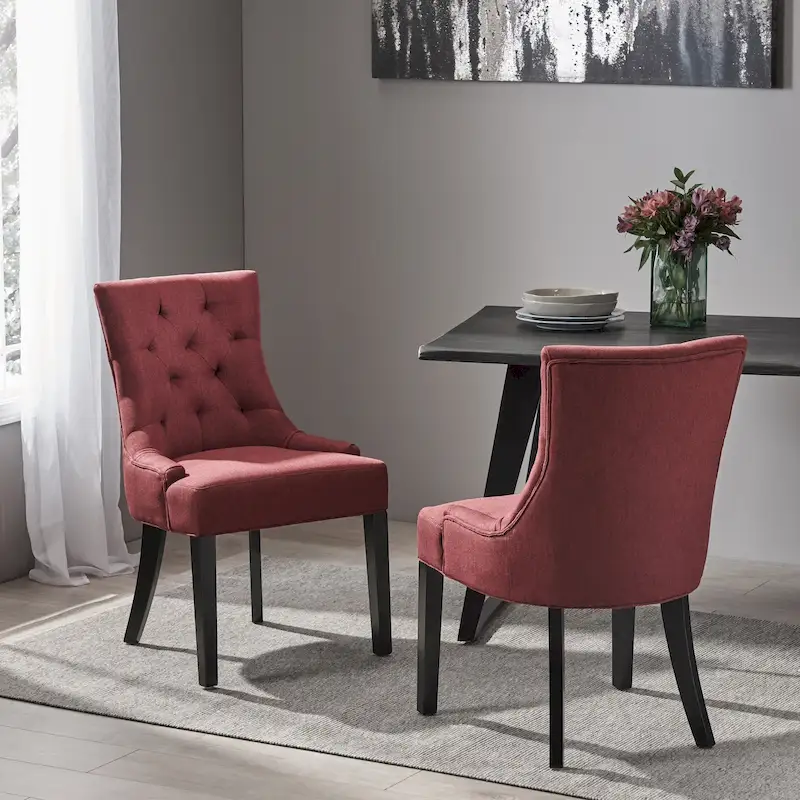 Fabric Upholstered Dining Chair with Tufted Backrest and Tapered Legs - Set of 2