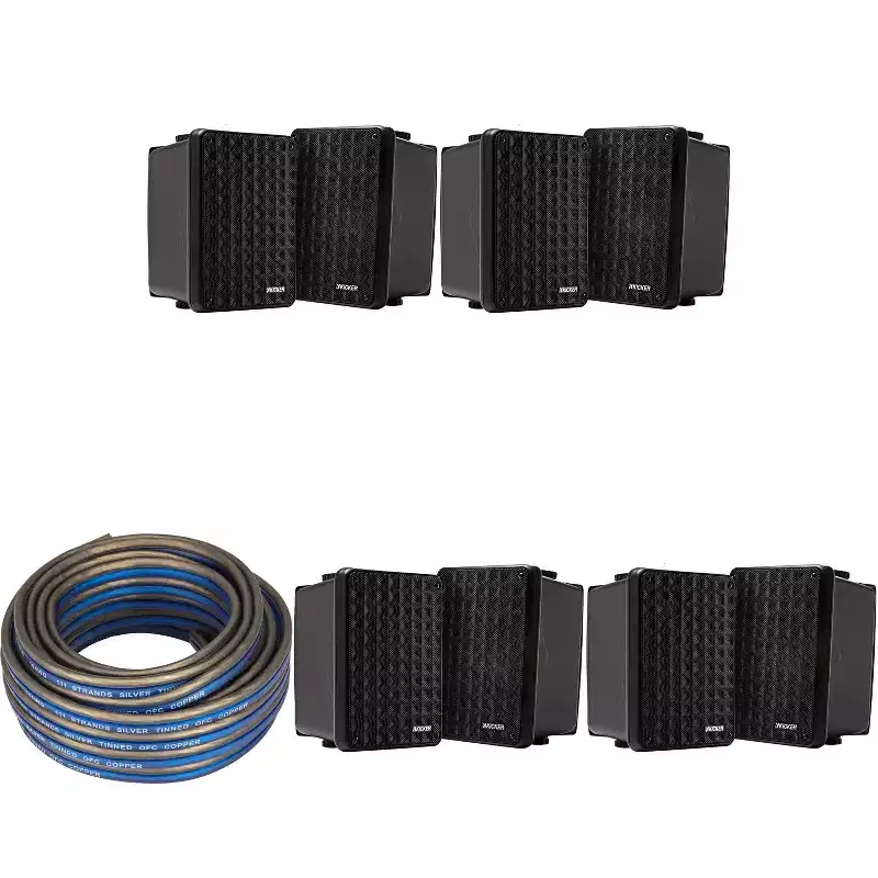 Kicker (4 Pair ) KB6B 2-Way Full Range Indoor Outdoor Speakers (Pair) Weatherproof Speakers for Patio Garage Poolside in-Home, Black & 20ft Speaker...