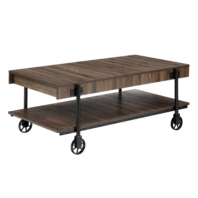 Black Farmhouse Steel 2-Piece Coffee Table Set with Wheels