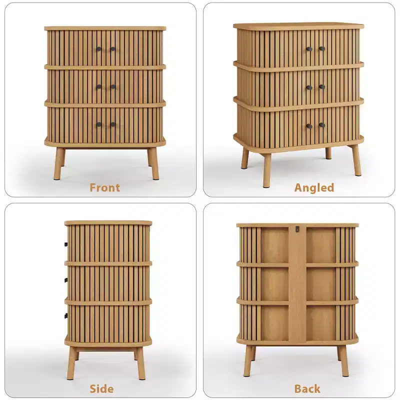 Mid-Century Modern 3 Drawer Dresser with Natural Wicker Rattan Sliding Door, Wooden Storage Cabinet with Tapered Legs for Bedroom and Living Room