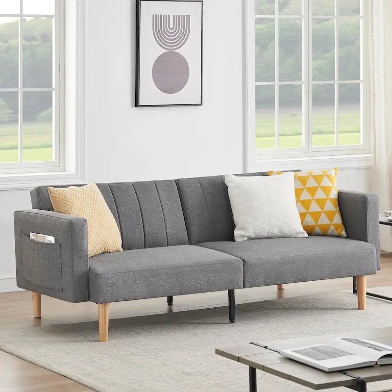 Dark Grey / Light Grey 3-in-1 Foldable Fabric Sofa Bed with Side Storage Pockets - Fits 2 People