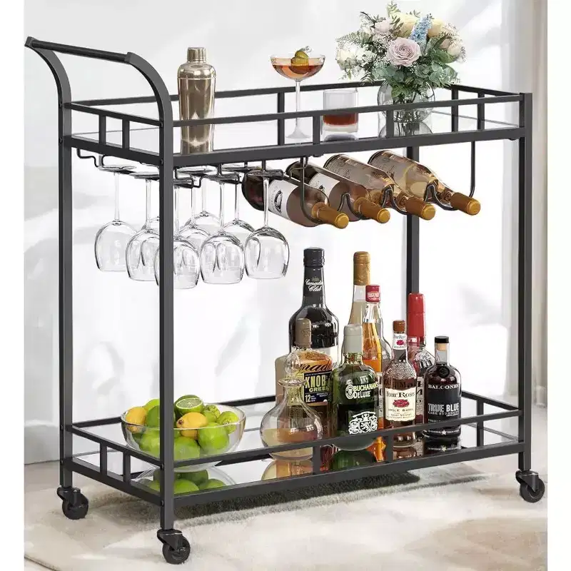LEDREM Bar Cart , Home Bar Serving Cart, Wine Cart With 2 Mirrored Shelves, Wine Holders, Glass Holders, For Kitchen, Dining Room
