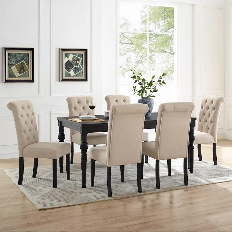 7-Piece Dark-Wash Wood Dining Set with Turned Legs