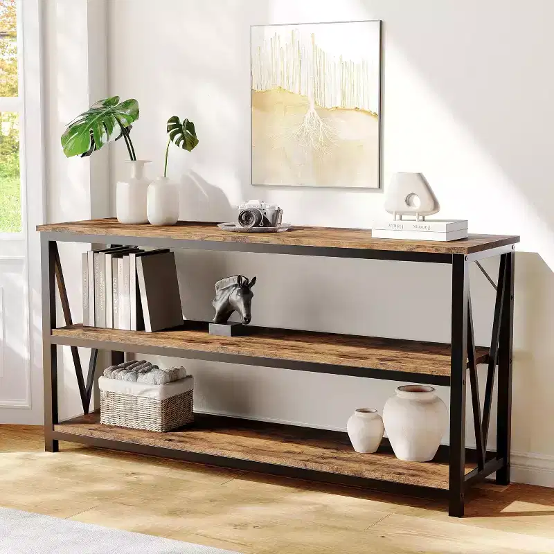 55 Inch Industrial Console Table, 3-Tier Sofa Table with Storage Shelves & V-Shaped Side Design, Long Entryway Table for Hallway,Living Room,Bedroom