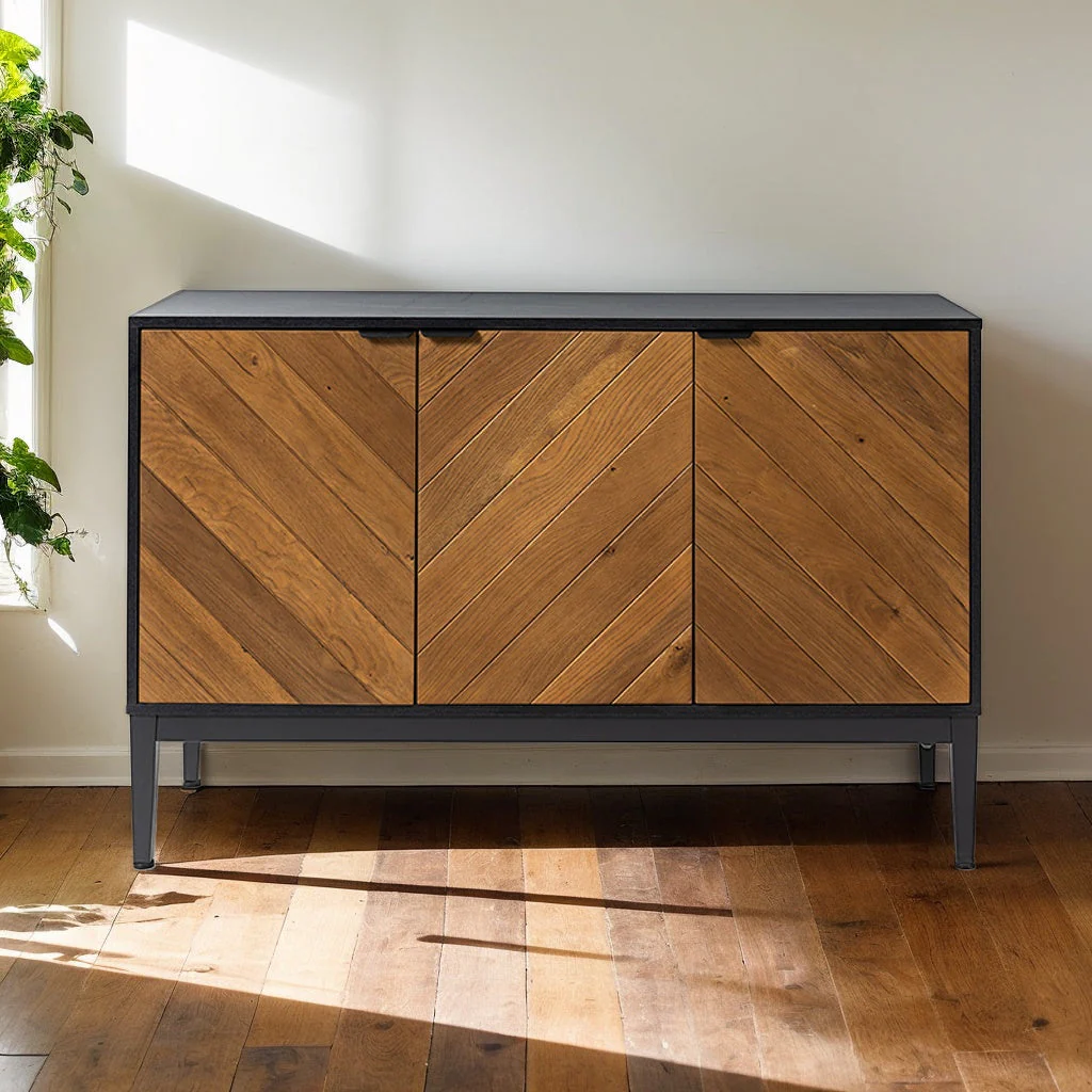 3-Door Sideboard with Herringbone Pattern, 2 Adjustable Interior Shelves & Black Metal Legs | Black / Walnut | Single